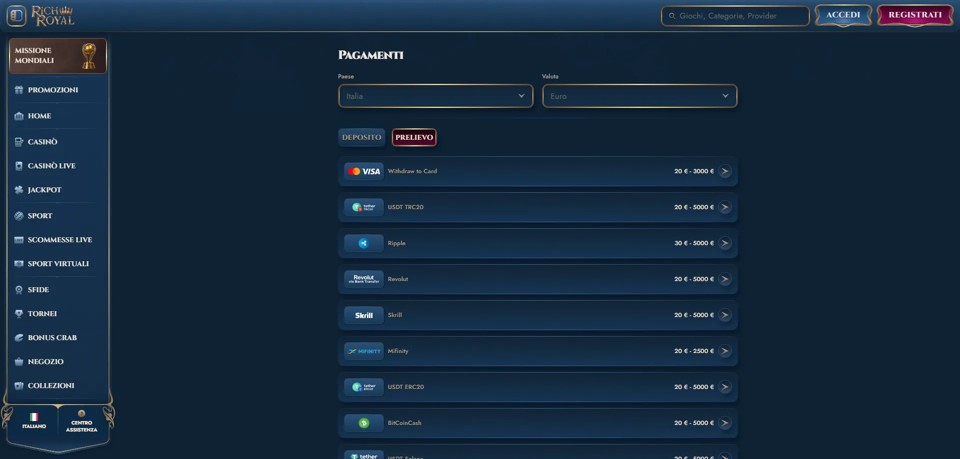 Metodi di pagamento deposito e prelievo RichRoyal Casino Italia