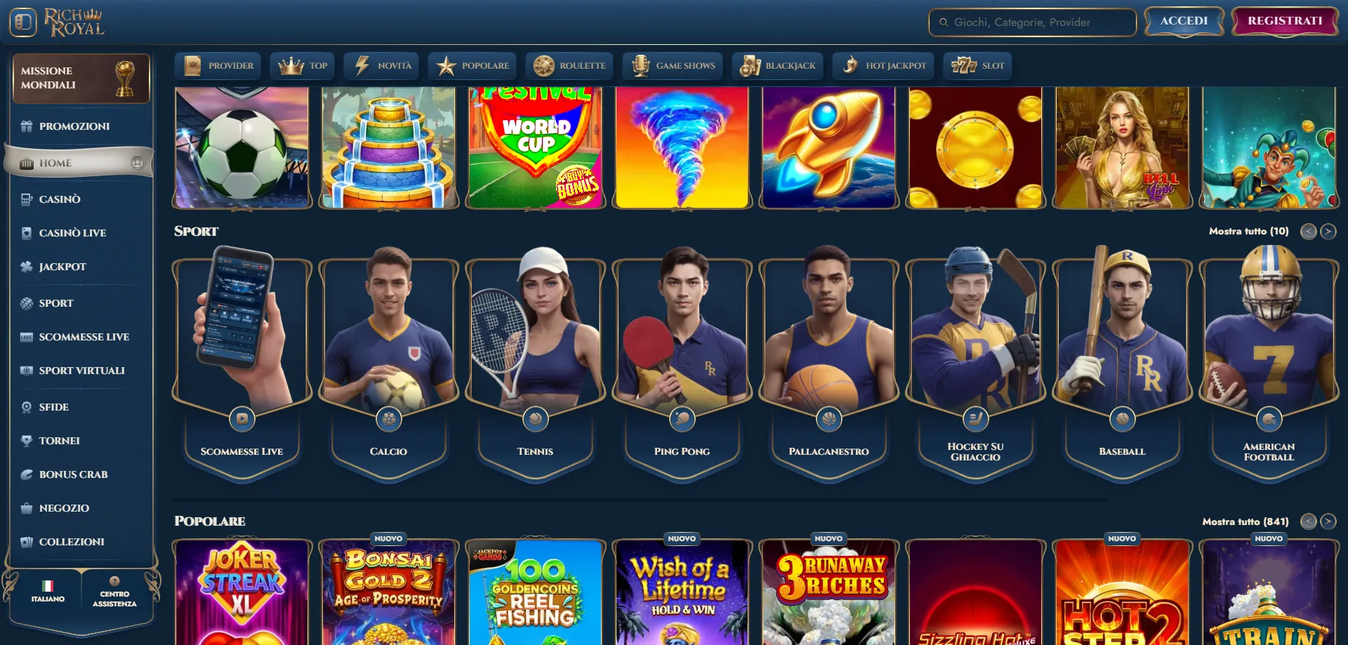 Scommesse sportive RichRoyal Casino calcio tennis Formula 1